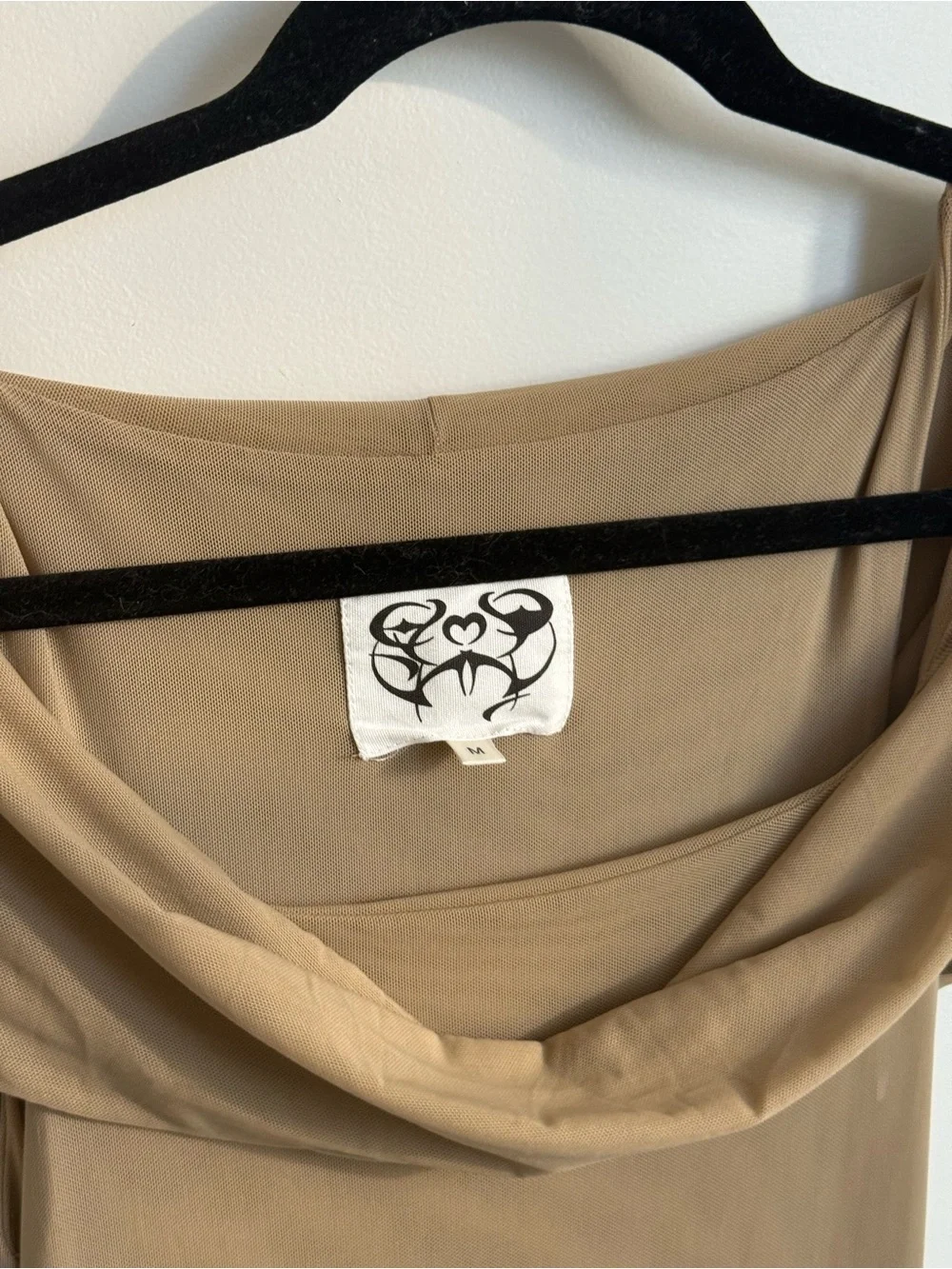 CYBERBUNNY Taupe Hooded Mesh Maxi Dress | Size M | Ruffle Slit